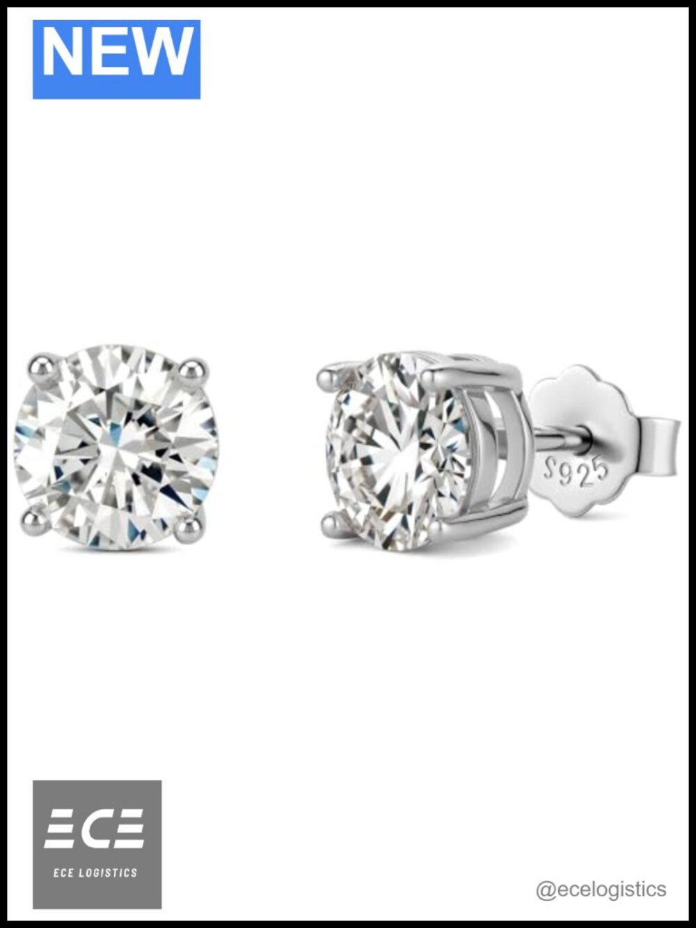 Moissanite Stud Earrings 18K White Gold Plated 925 Sterling Silver Round Cut